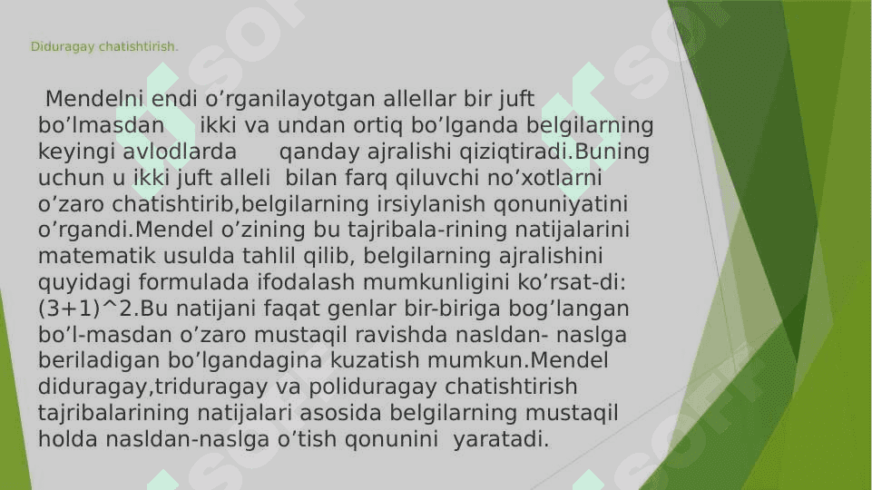 Diduragay va poliduragay chatishtirish. Allel bo’lmagan genlarning o’zaro ta’siri 3