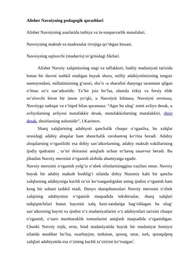 Alisher Navoiyning pedagogik qarashlari
