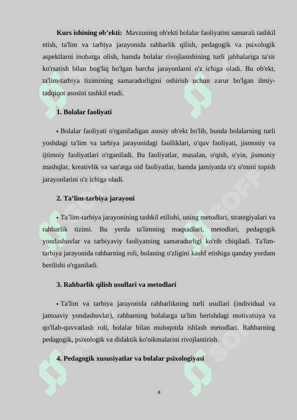 Bolalar faoliyatida ta’lim-tarbiya vazifalarini amalga oshirish va rahbarlik qilish (KURS ISHI) 4