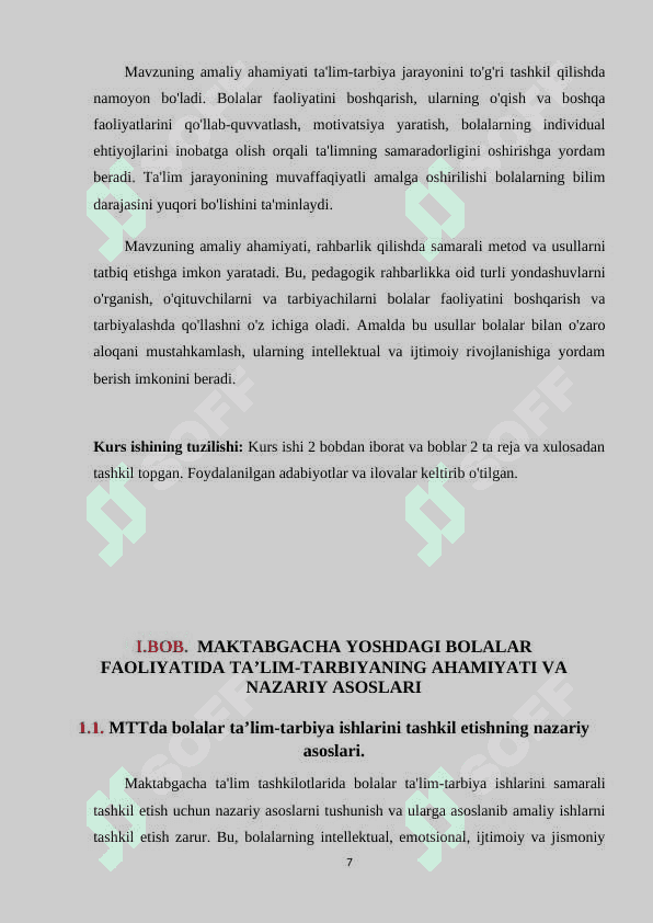 Bolalar faoliyatida ta’lim-tarbiya vazifalarini amalga oshirish va rahbarlik qilish (KURS ISHI) 7
