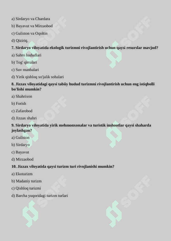 Jizzax-Sirdaryo turistik mintaqasiga doir testlar 2
