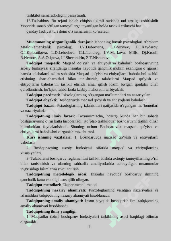 Maqsad qo’yish va ehtiyojlarni baholash boshqaruvning  asosiy funksiyasi sifatida 6