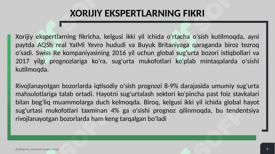 Dunyo sug‘urta bozorining rivojlanishi an’analari va istiqboli. 8