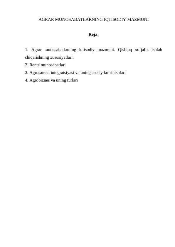 AGRAR MUNOSABATLARNING IQTISODIY MAZMUNI