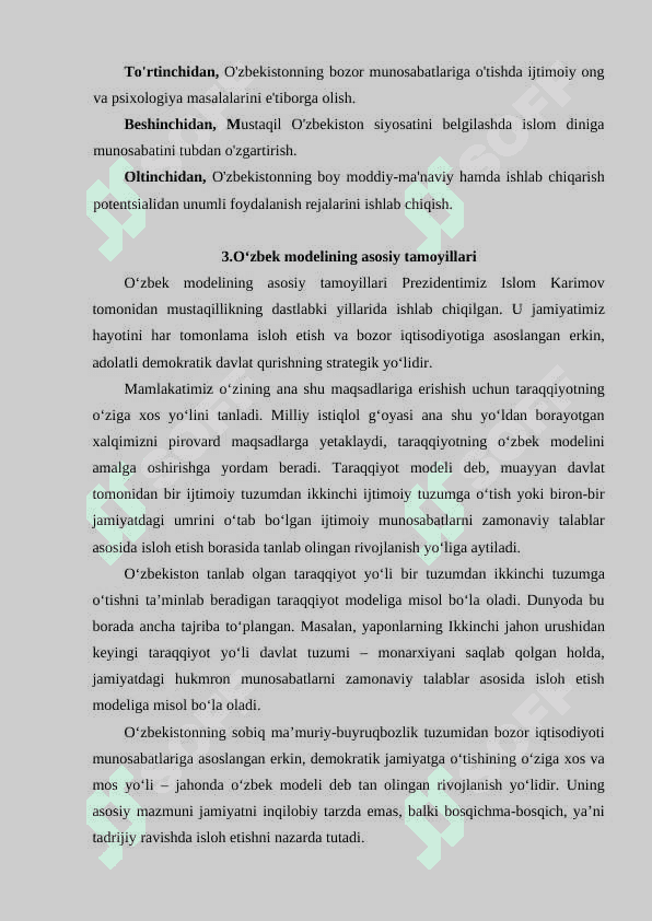 O'zbekistonning o'z istiqlol va taraqqiyot yo'li.Taraqiyotning o’zbek modeli 4