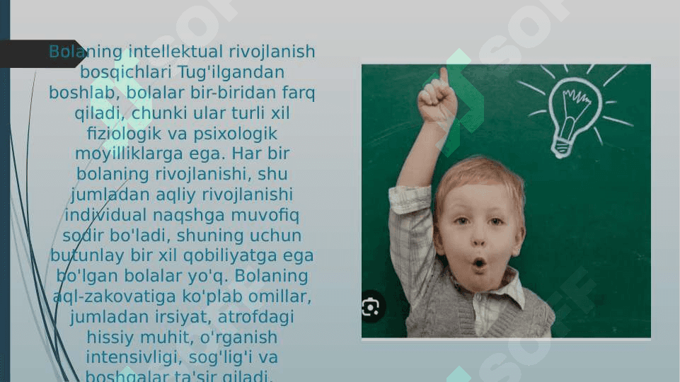 Bolaning aqliy rivojlanishi yoritadigan ko’rsatkichlarni aniqlang 2