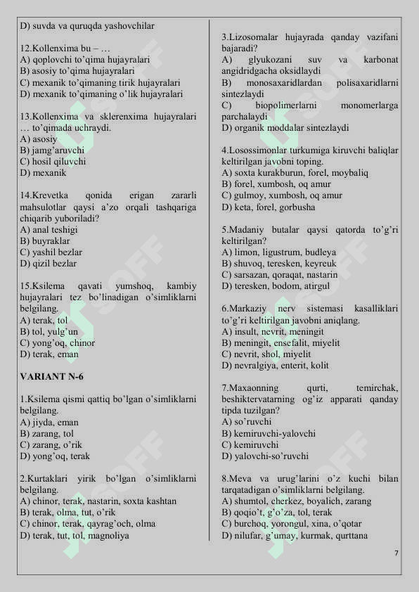 Biologiyadan variantli testlar 7