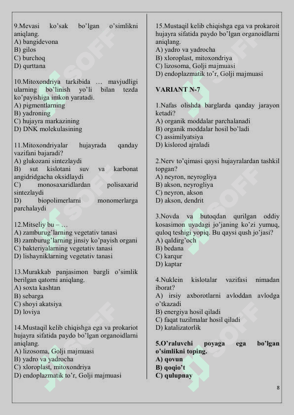 Biologiyadan variantli testlar 8