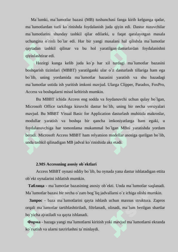 MB.MBBT.Access dasturida malumotlar bazasini hosil qilishning qo’shimcha imkoniyatlari haqida 2