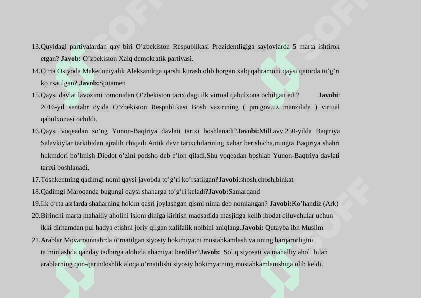 O'zbekistonning emg yangi tarixi fanidan 170talik test 3