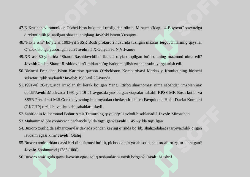 O'zbekistonning emg yangi tarixi fanidan 170talik test 7