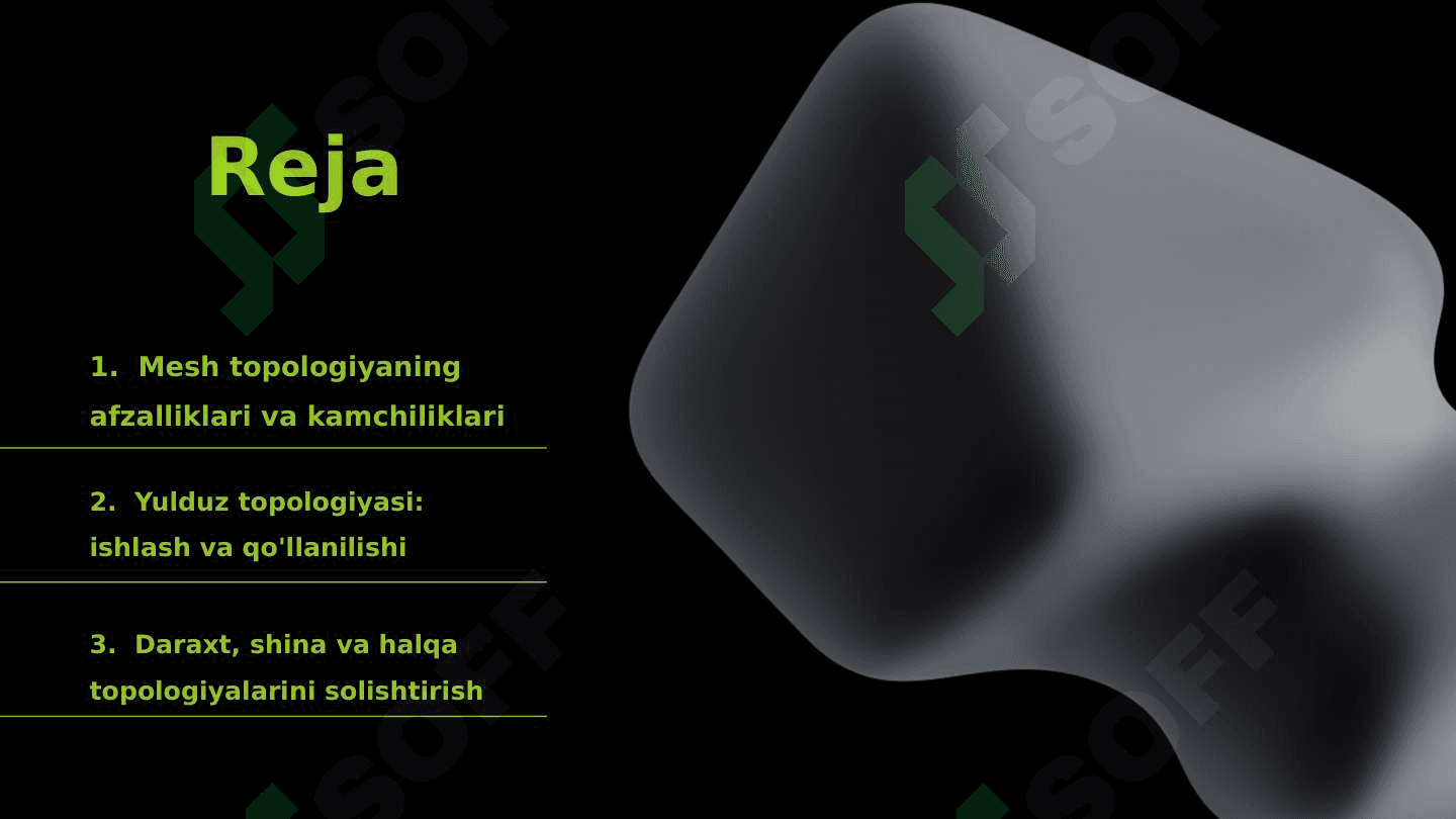 Tarmoq topologiyalari. Mesh, yulduz, daraxt, shina, halqa topologiyalari 2