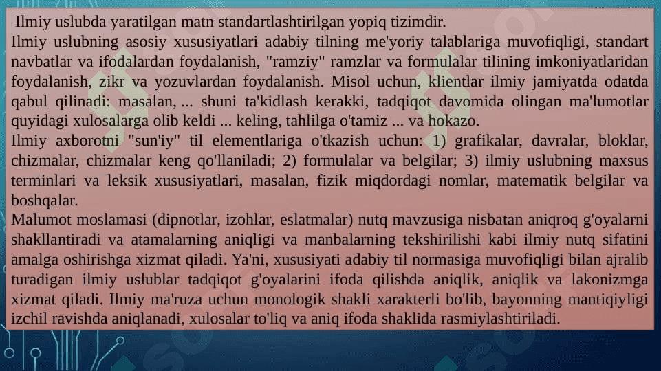 Autentik matnlar ustida ishlash(sohaga oid matnlarning til xususiyatlarini o‘rganish). 2