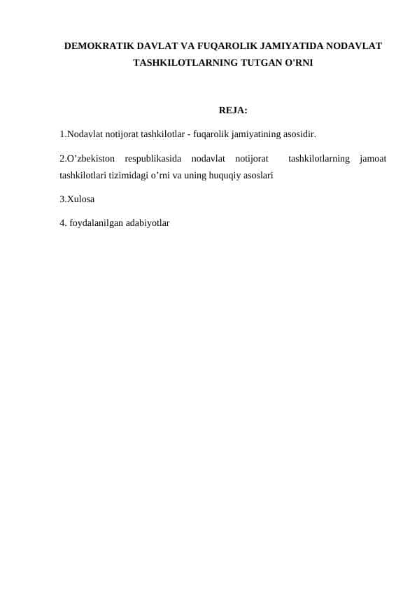 DEMOKRATIK DAVLAT VA FUQAROLIK JAMIYATIDA NODAVLAT TASHKILOTLARNING TUTGAN O'RNI