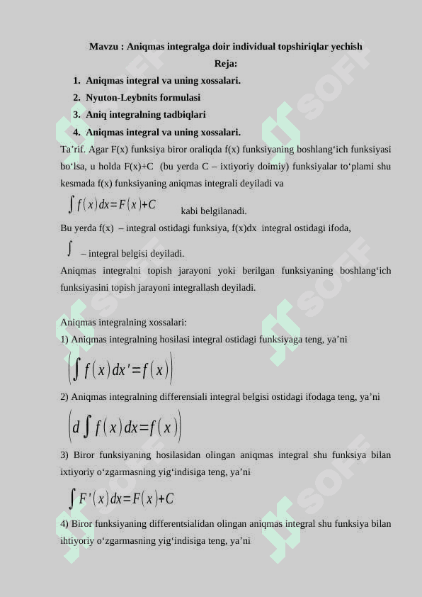Aniqmas integralga doir individual topshiriqlar yechish. 2