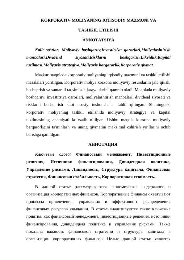 KORPORATIV MOLIYANING IQTISODIY MAZMUNI VA TASHKIL ETILISHI