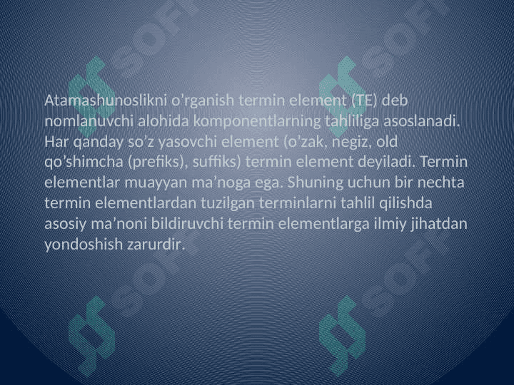 Klinik terminlar yasovchi atama elementlar.A'zo va bosh qismlarini ifodalovchi yunon-lotin dubletlari.Ilmni, fanni, diagnostik usullarni, davolashni, iztirobni, kasalliklarni ifodalovchi yunon atama elementlar. 2