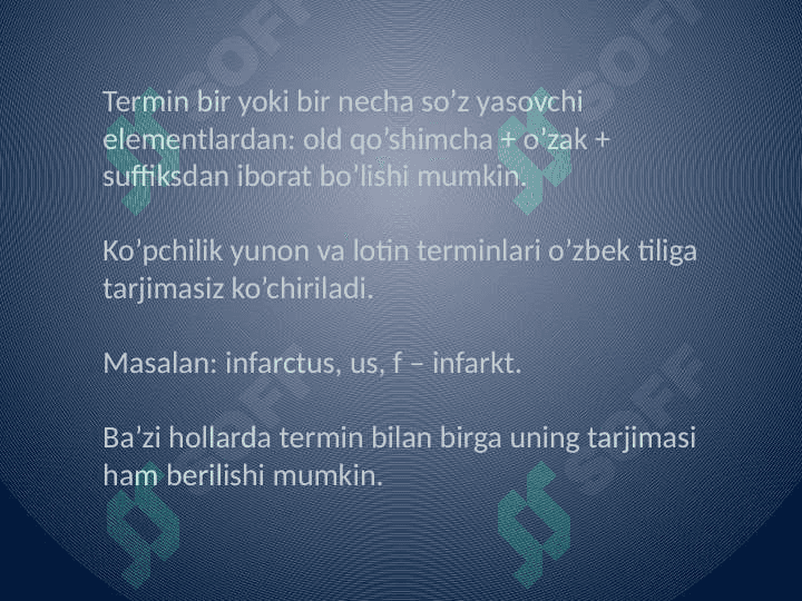 Klinik terminlar yasovchi atama elementlar.A'zo va bosh qismlarini ifodalovchi yunon-lotin dubletlari.Ilmni, fanni, diagnostik usullarni, davolashni, iztirobni, kasalliklarni ifodalovchi yunon atama elementlar. 4
