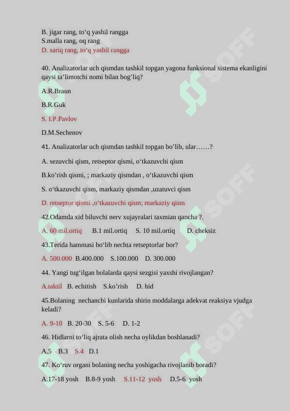 Yosh fiziologiyasi va gigiyena fanidan umumiy test savollari 8