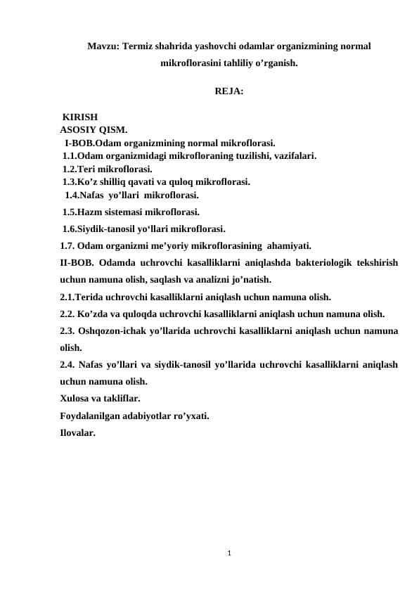 Termiz shahrida yashovchi odamlar organizmining normal mikroflorasini tahliliy o’rganish.