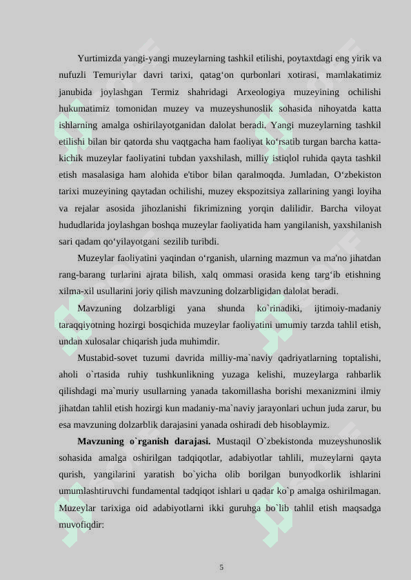 O‘ZBEKISTONDA MUZEYLAR VA KO‘RGAZMA ZALLARI FAOLIYATINI TASHLIK ETISH HAMDA BOSHQARISH 5