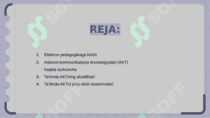 Elektron pedagogika-pedagogikaning zamonaviy tarmog'i sifatida. Axborot kommunikatsiya texnologiyalari va ularni ta'lim jarayonida qo'llashning didaktik imkoniyatlari. 2