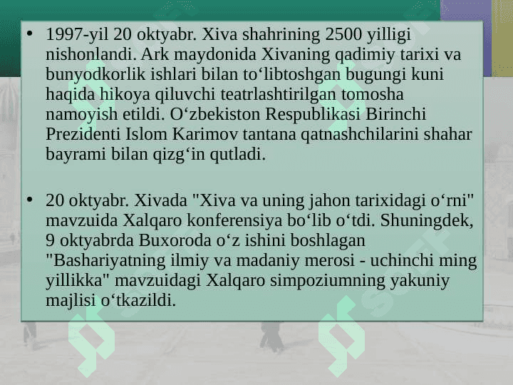 Tarixiy shaharlar (Buxoro,Samarqand,Marg‘ilon,Qarshi,Toshkent,Xiva Shahrisabz) yubileylarining xalqaro miqyosda keng nishonlanishi. 5