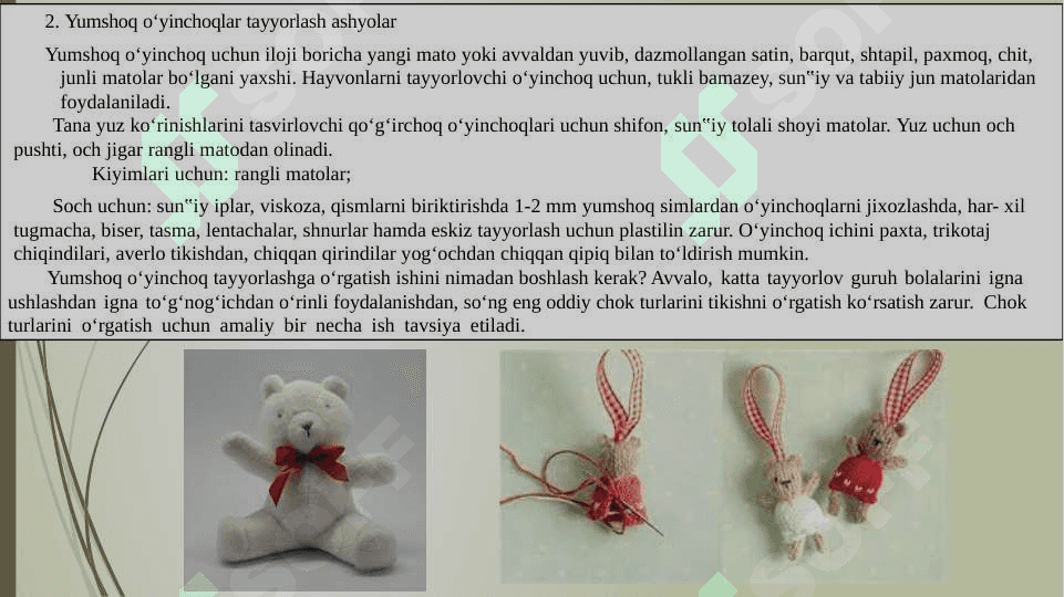 Yumshoq o‘yinchoqlar tayyorlash uchun zaruriy materiallar 1