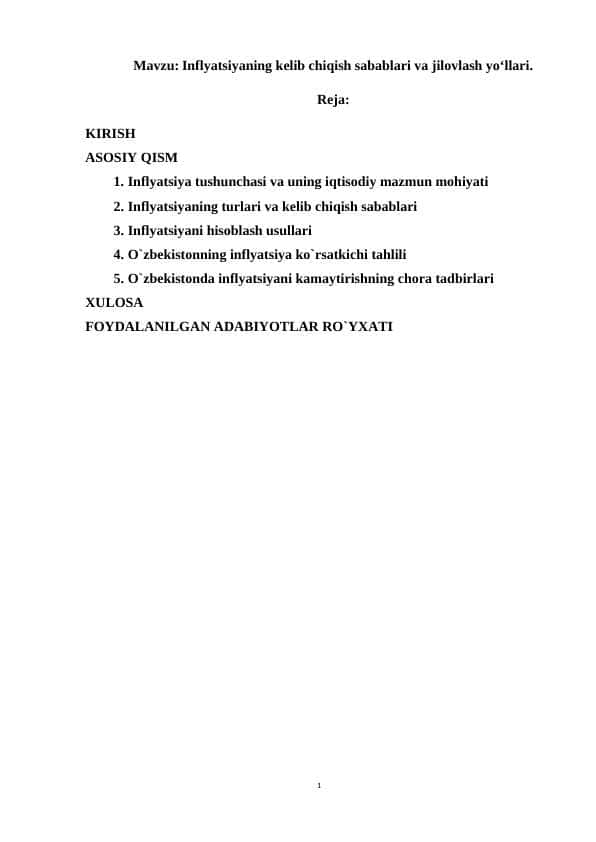 Inflyatsiyaning kelib chiqish sabablari va jilovlash yoʻllari.