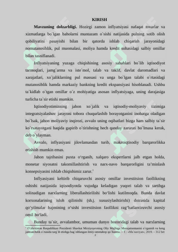 Inflyatsiyaning kelib chiqish sabablari va jilovlash yoʻllari. 2