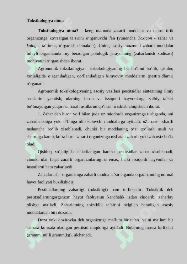 AGRONOMIK TOKSIKOLOGIYA HAQIDA TUSHUNCHA 2