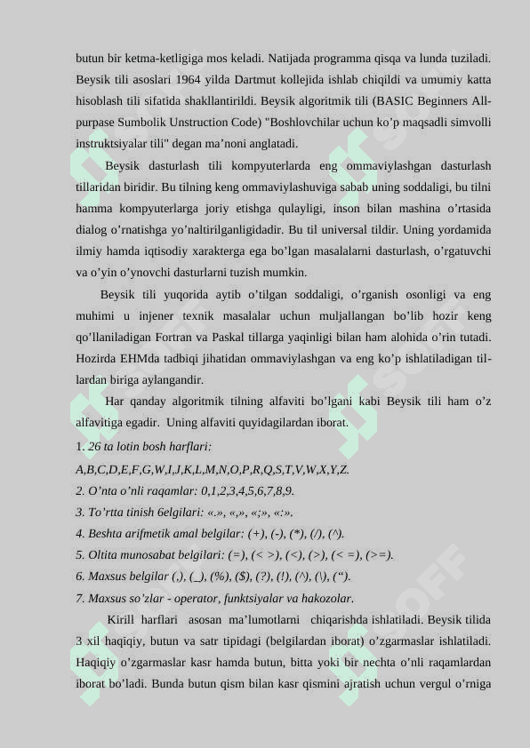 ALGORITMIK TILNING ASOSIY TARKIBIY TUZILMALARI. BEYSIK TILI FUNKTSIYALARI VA OPERATORLARI 2