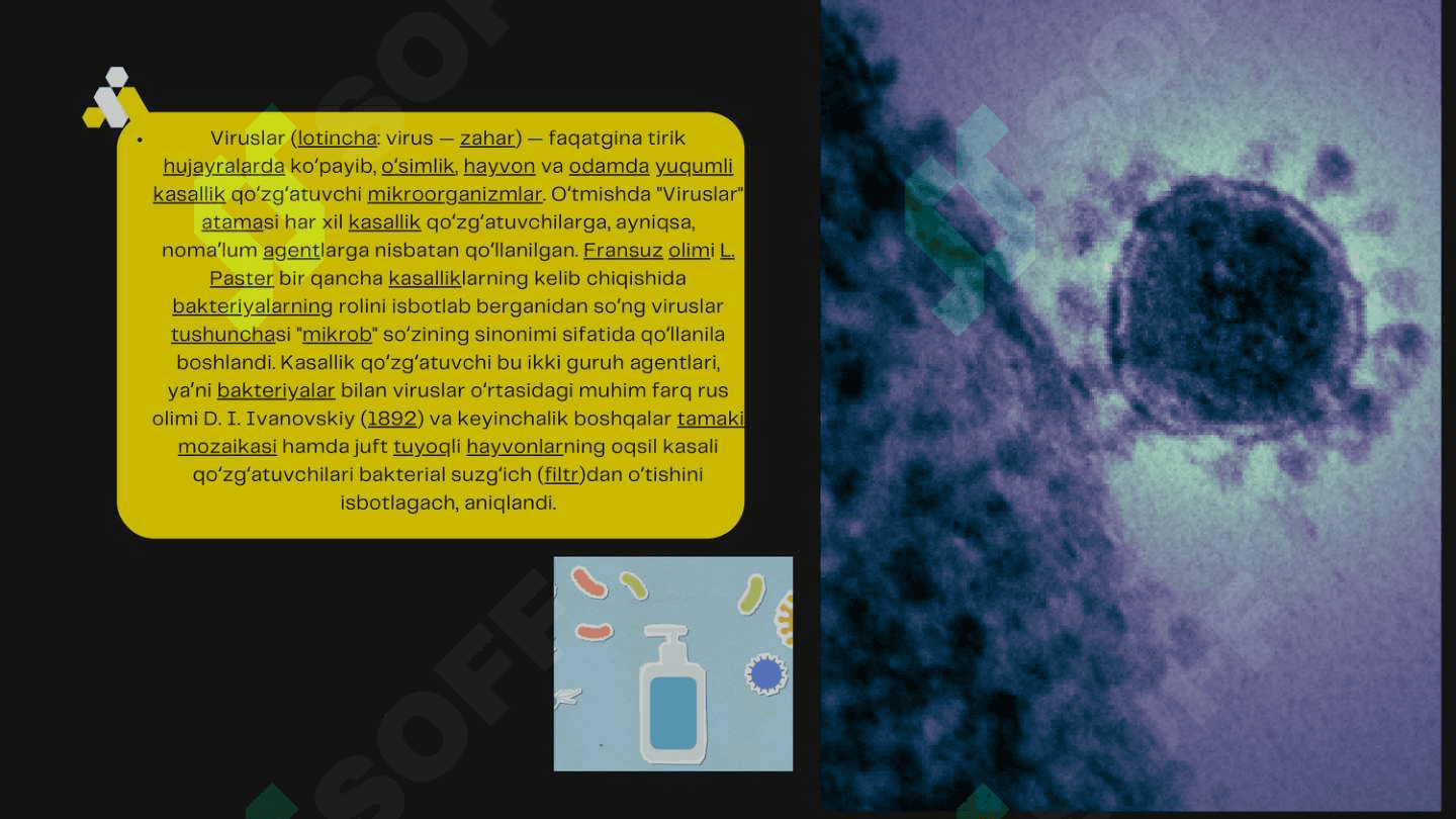 Viruslar ekologiyasi, ularga xaroratni, namlikni, pH muhitini, yorug'likni, kimyoviy va biologik vositalarini ta'siri. 3