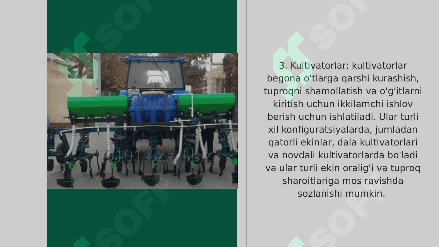Tuproq yuzasiga asosiy ishlov berish mashina turlari va vazifasi, tuzilishi, texnologik jarayonlar 8