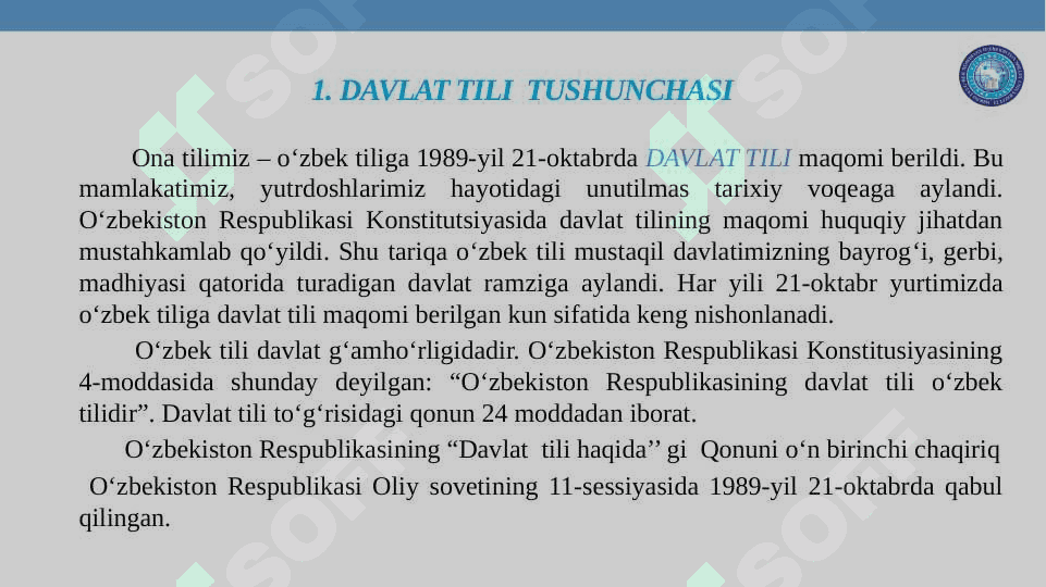 O‘ZBEK TILI – DAVLAT TILI  O‘ZBEK TILINING  ASOSIY  IMLO QOIDALARI 2