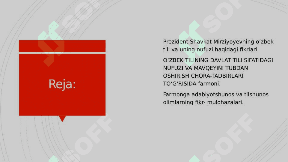 O’zbekiston Respublikasi Prezidenti Sh.M.Mirziyoyevning “O’zbek tilining davlat tili sifatidagi nufuzi va mavqeyini tubdan oshirish chora-tadbirlari  to`g’risida”gi Farmonida belgilangan vazifalarning amalda bajarilishi bo’yicha tilshunos va adabiyotshunos olimlarning fikr va mulohazalari bayon etilgan maqolalari bilan tanishish 2