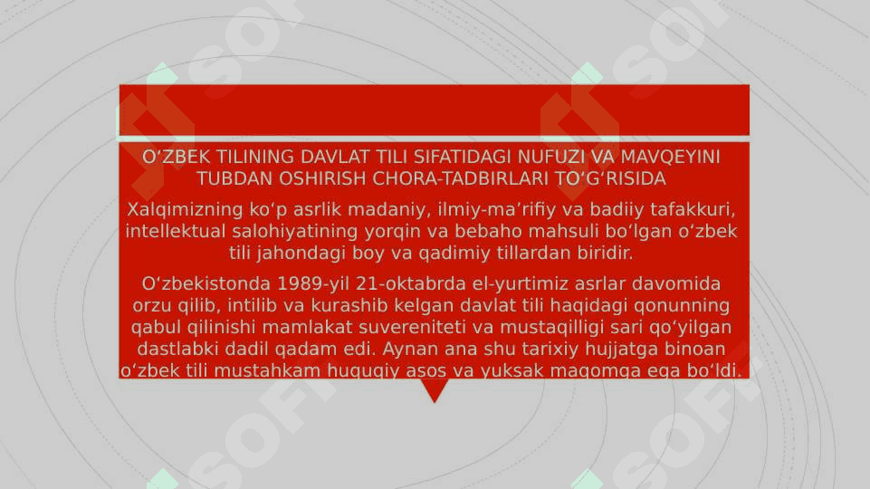 O’zbekiston Respublikasi Prezidenti Sh.M.Mirziyoyevning “O’zbek tilining davlat tili sifatidagi nufuzi va mavqeyini tubdan oshirish chora-tadbirlari  to`g’risida”gi Farmonida belgilangan vazifalarning amalda bajarilishi bo’yicha tilshunos va adabiyotshunos olimlarning fikr va mulohazalari bayon etilgan maqolalari bilan tanishish 4