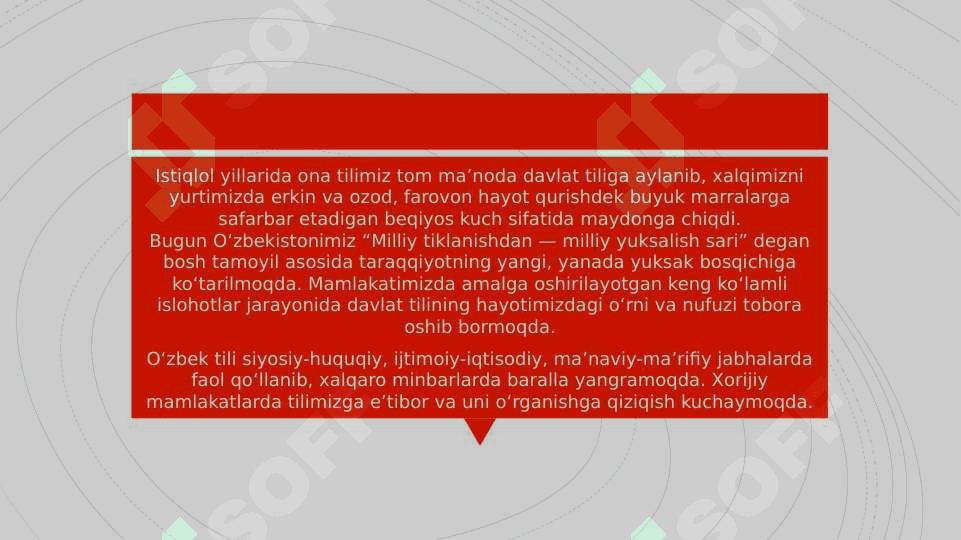 O’zbekiston Respublikasi Prezidenti Sh.M.Mirziyoyevning “O’zbek tilining davlat tili sifatidagi nufuzi va mavqeyini tubdan oshirish chora-tadbirlari  to`g’risida”gi Farmonida belgilangan vazifalarning amalda bajarilishi bo’yicha tilshunos va adabiyotshunos olimlarning fikr va mulohazalari bayon etilgan maqolalari bilan tanishish 5