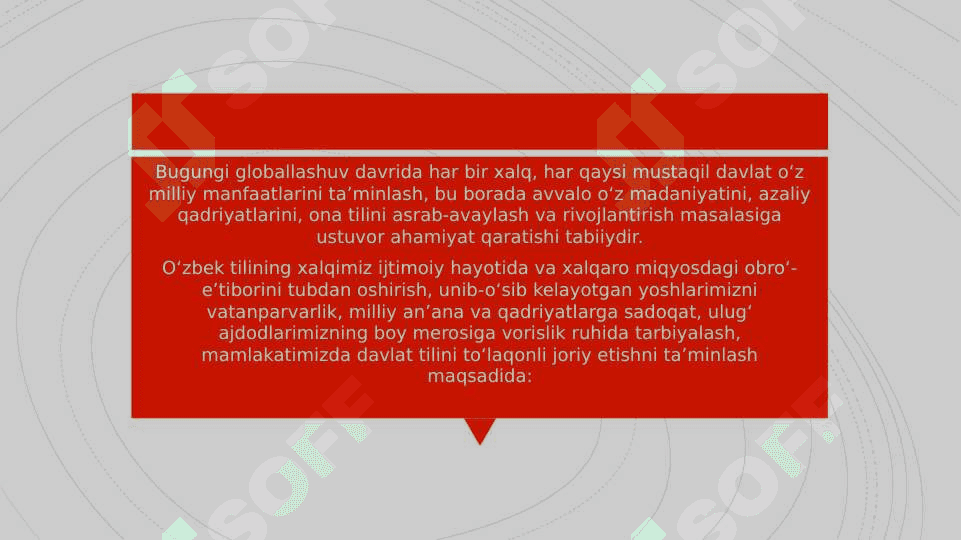 O’zbekiston Respublikasi Prezidenti Sh.M.Mirziyoyevning “O’zbek tilining davlat tili sifatidagi nufuzi va mavqeyini tubdan oshirish chora-tadbirlari  to`g’risida”gi Farmonida belgilangan vazifalarning amalda bajarilishi bo’yicha tilshunos va adabiyotshunos olimlarning fikr va mulohazalari bayon etilgan maqolalari bilan tanishish 6