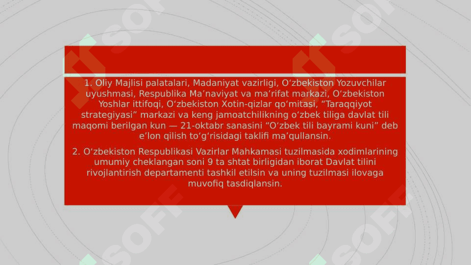 O’zbekiston Respublikasi Prezidenti Sh.M.Mirziyoyevning “O’zbek tilining davlat tili sifatidagi nufuzi va mavqeyini tubdan oshirish chora-tadbirlari  to`g’risida”gi Farmonida belgilangan vazifalarning amalda bajarilishi bo’yicha tilshunos va adabiyotshunos olimlarning fikr va mulohazalari bayon etilgan maqolalari bilan tanishish 7