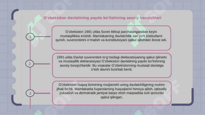 Mustaqil òzbekiston davlati va huquqining paydo bòlishi va rivojlanishi 8
