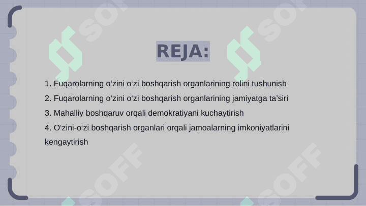 Fuqarolarning o'zini-o'zi boshqarish organlarining faoliyati va ularning jamiyatni demokratlashda tutgan o'rni 2