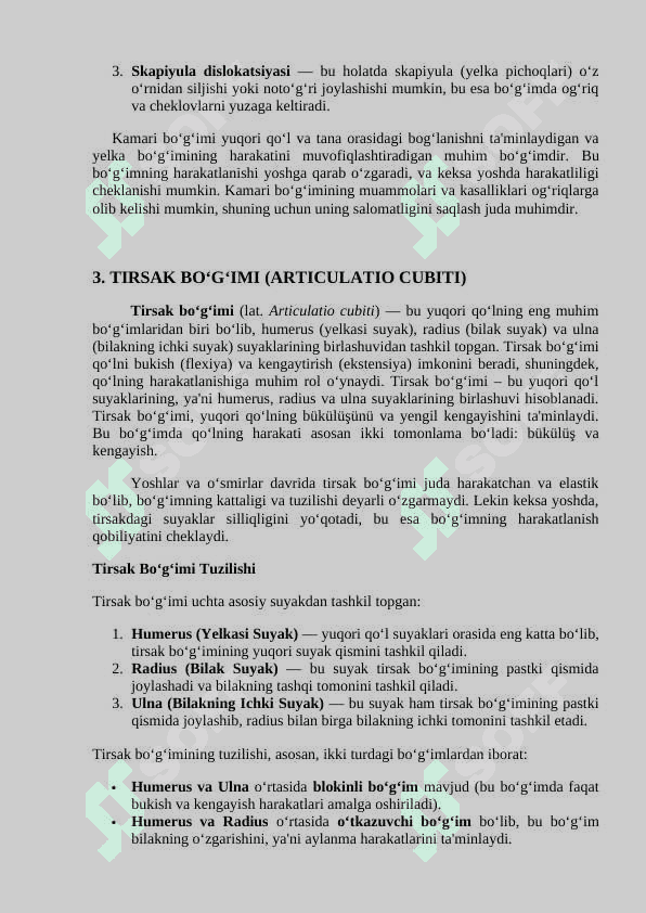 Yelka, Kamari, Suyaklari Birlashuvi, Yelka Bo‘g‘imi, Tirsak Bo‘g‘imi, Bilak Kaft Usti Bo‘g‘imi va Qo‘l Kafti Suyaklarining Birlashuvi 6