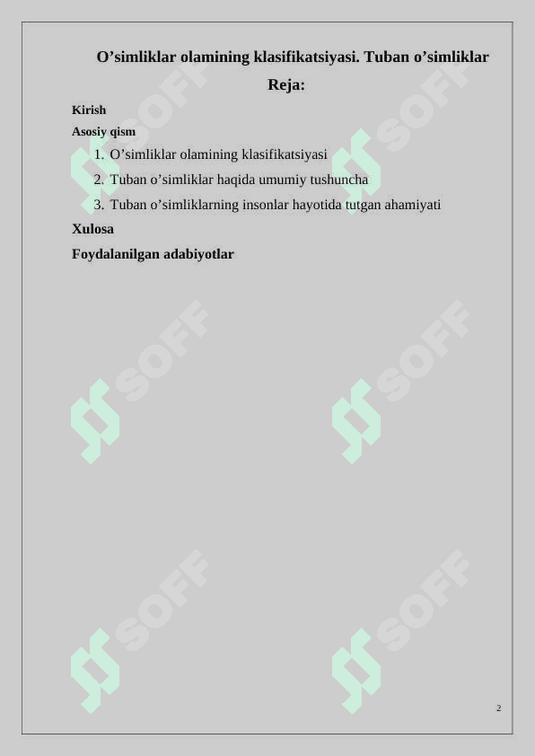 O’simliklar olamining klasifikatsiyasi. Tuban o’simliklar 2