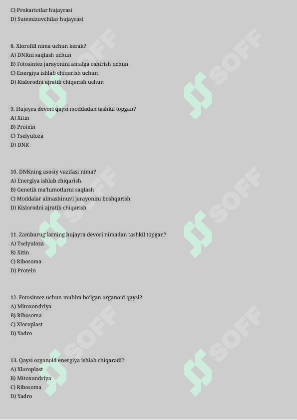 5-sinf biologiya va ekologiya test 2