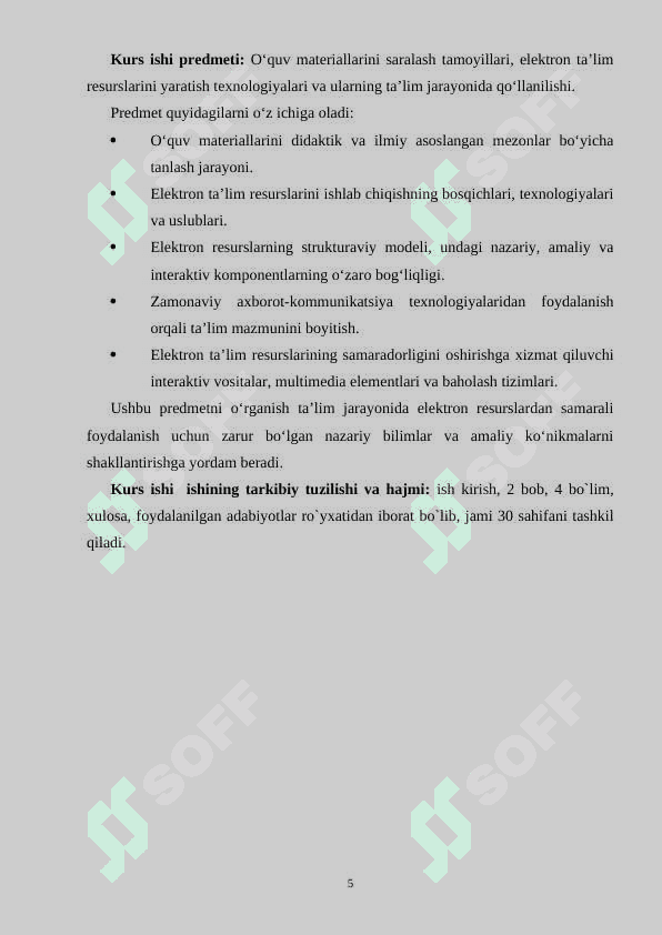 O’quv materiallarini saralash va elektron ta’lim resurslarini yaratish strukturasini tuzish. 5