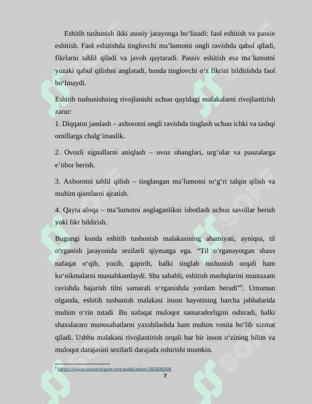 Ona tili darslarida o‘quvchilarning eshitib tushunish malakasini shakllantirish (metodikasi) 7