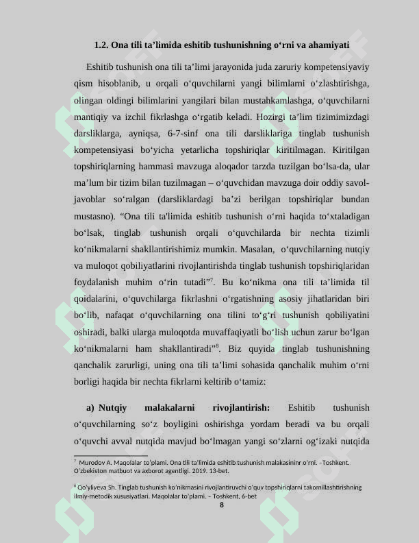 Ona tili darslarida o‘quvchilarning eshitib tushunish malakasini shakllantirish (metodikasi) 8