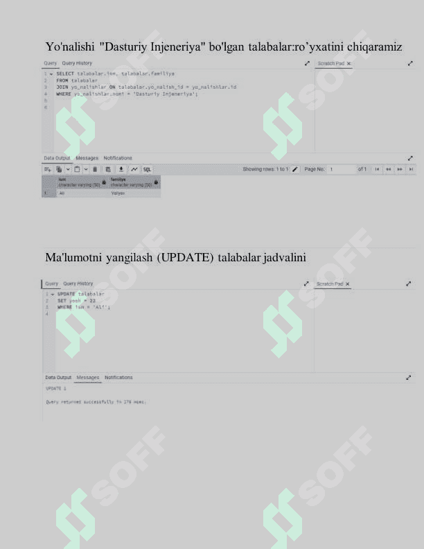 TATU SF ma’lumotlar bazasi uchun SQL operatorlaridan foydalanib so’rovlar yarating. 4