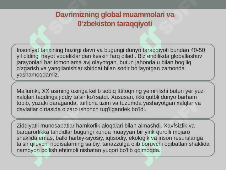 O`zbekiston va umumbashariy muammolar. Xavfsizlik va tashqi siyosat. 2